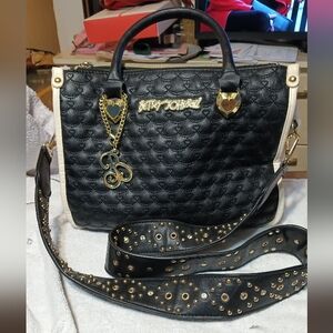 Betsy Johnson Pink Fur & Black quilted shoulder bag. Slightly used